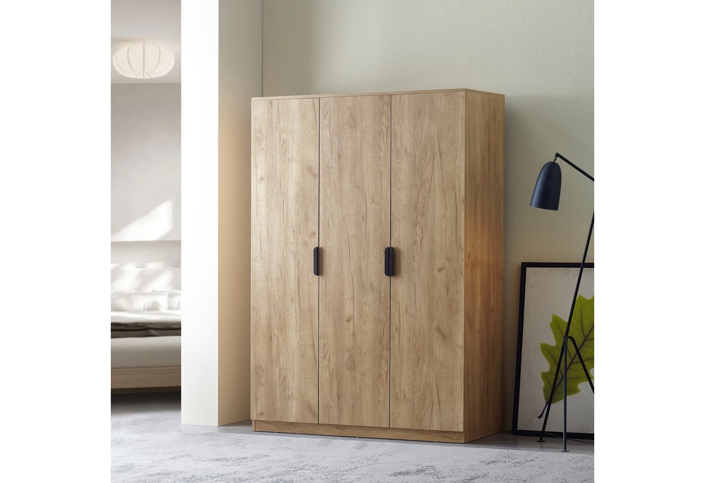 en.casa Kleiderschrank »Eiselfing« 3 Türen, 1 Stange, 4 Fächer 176x120x52 cm Eiche – Bild 3 von 5