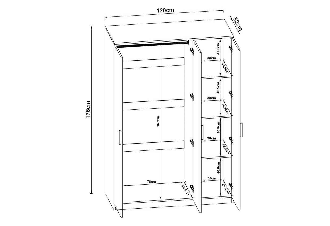 en.casa Kleiderschrank »Eiselfing« 3 Türen, 1 Stange, 4 Fächer 176x120x52 cm Eiche – Bild 5 von 5