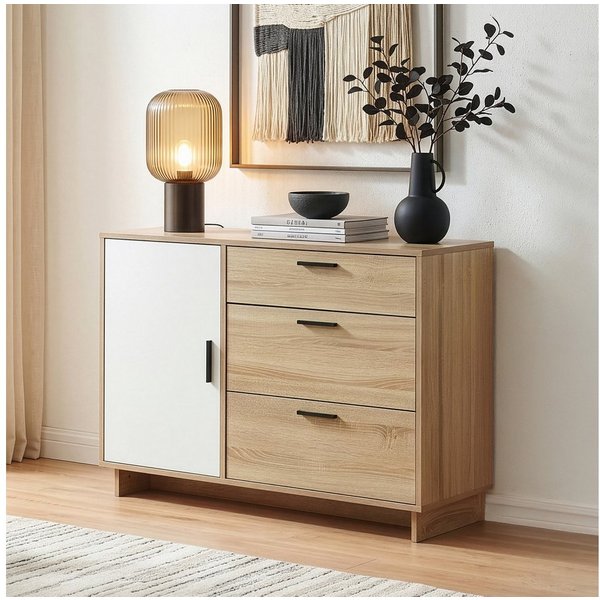 en.casa Kommode, »Kenta« mit 3 Schubladen 1 Tür 100x35x72 cm Sonoma-Eicheoptik/Weiß