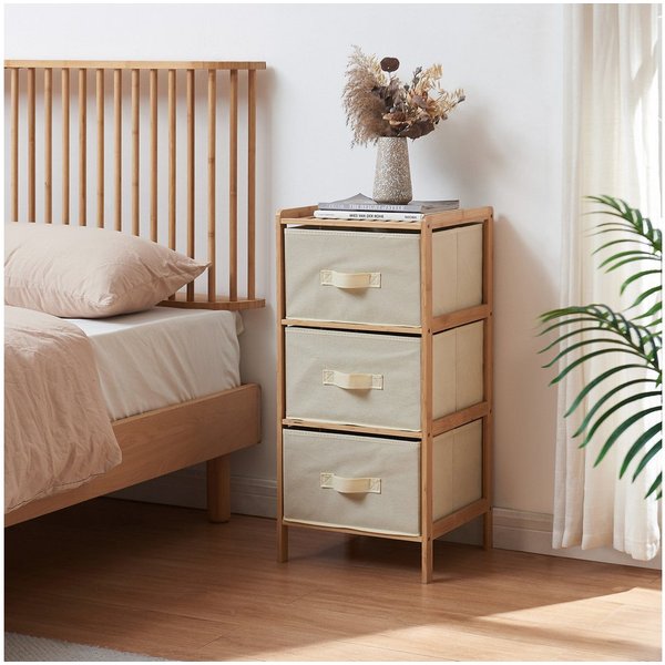 en.casa Kommode, »Maldon« mit 3 Stoffschubladen 79x37x35 cm Bambusgestell Natur/Beige
