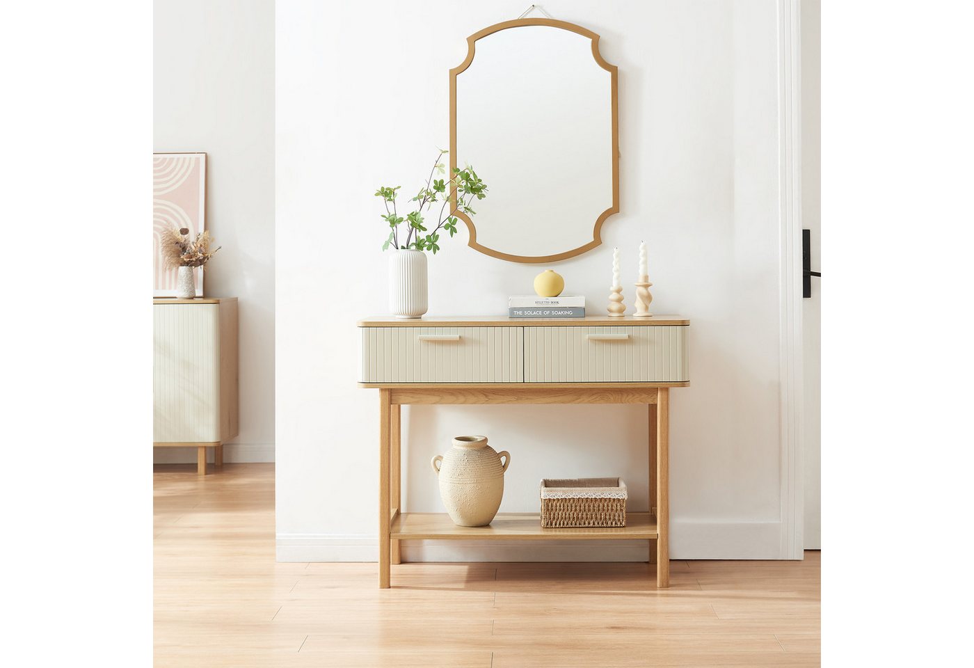 en.casa Konsolentisch, »Ferrersp« mit 2 Schubladen 100x40x80 cm Eicheoptik/Sandfarben – Bild 2 von 5