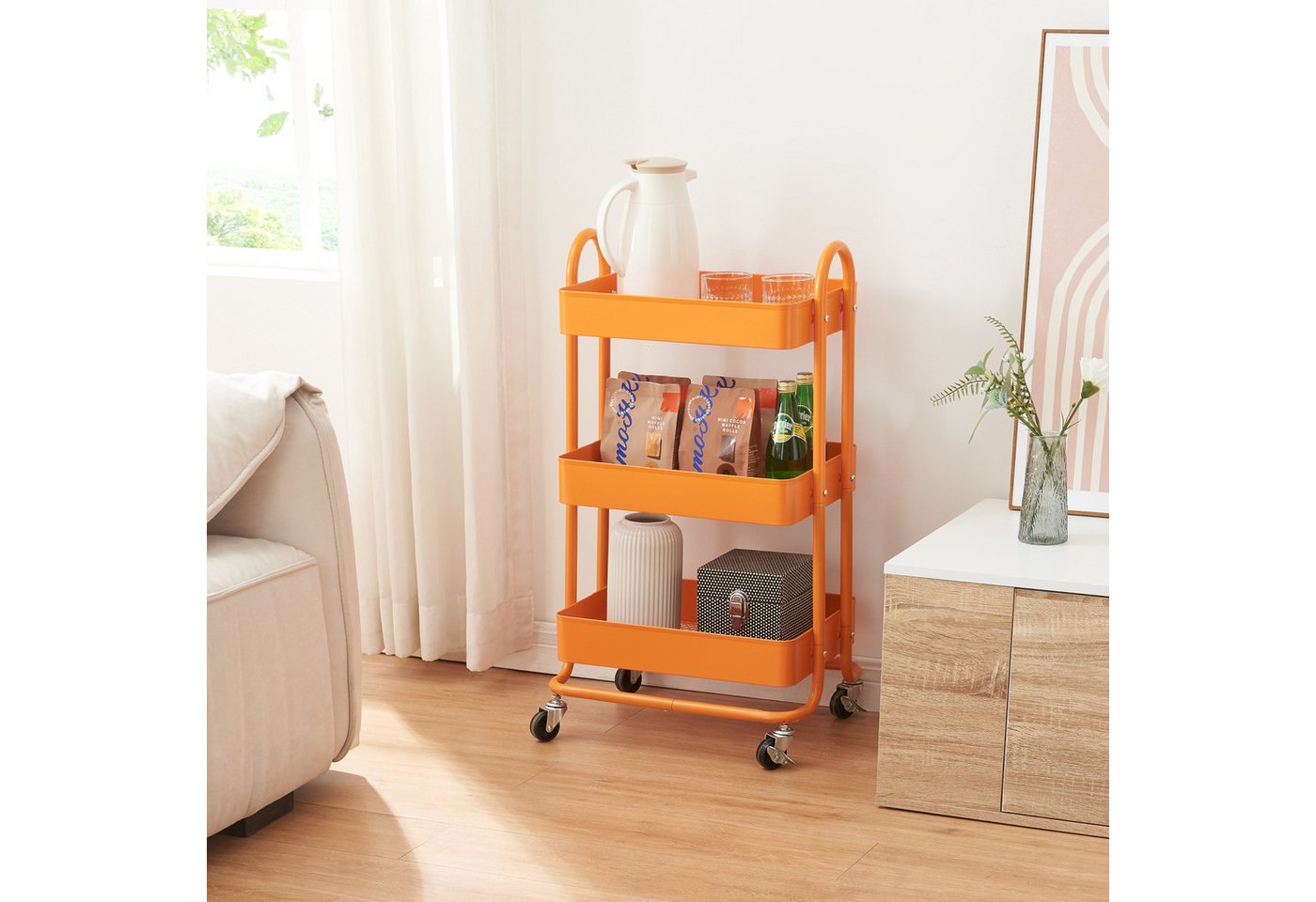 en.casa Küchenwagen, »Pyhäntä« Stahl mit 3 Ebenen Orange – Bild 2 von 5