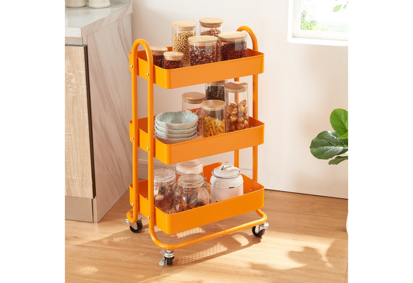 en.casa Küchenwagen, »Pyhäntä« Stahl mit 3 Ebenen Orange – Bild 3 von 5