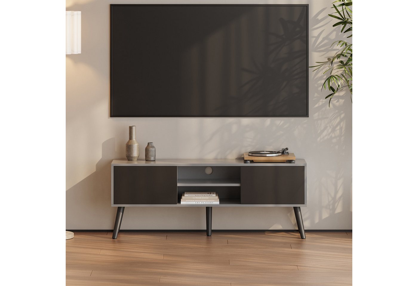 en.casa Lowboard, »Eskilstuna« Fernsehtisch 120x29,5x46,5cm Hellgrau / Schwarz – Bild 2 von 5