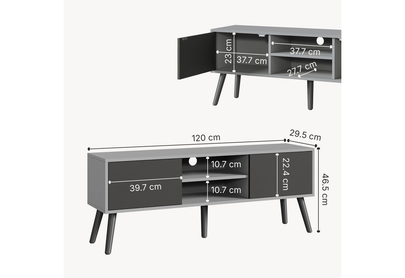 en.casa Lowboard, »Eskilstuna« Fernsehtisch 120x29,5x46,5cm Hellgrau / Schwarz – Bild 4 von 5