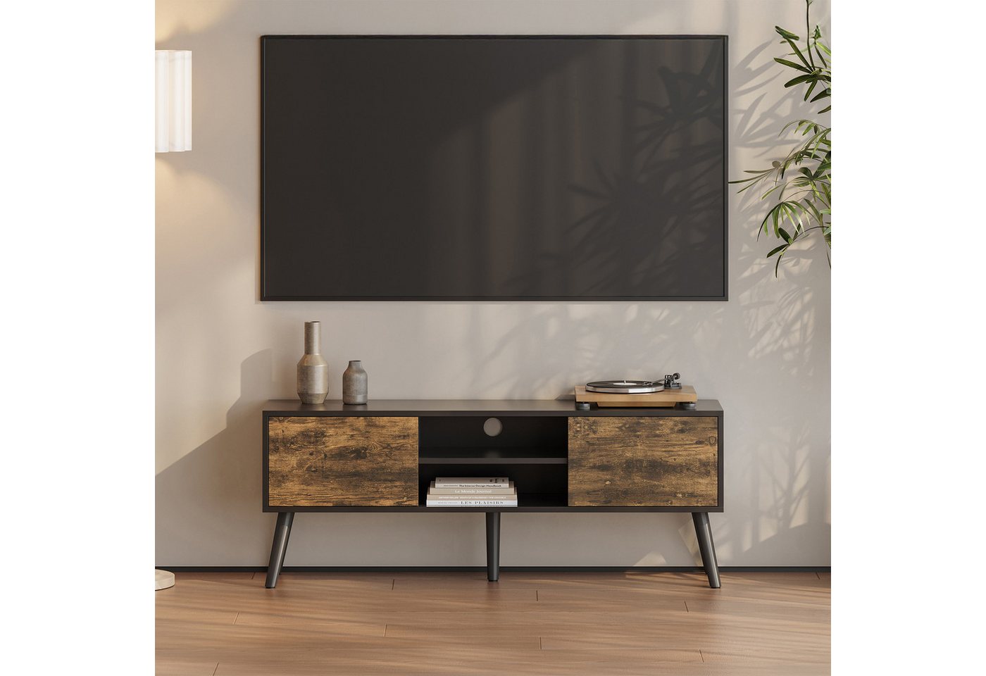 en.casa Lowboard, »Eskilstuna« Fernsehtisch 120x29,5x46,5cm Schwarz / Dunkler Holzton – Bild 2 von 5