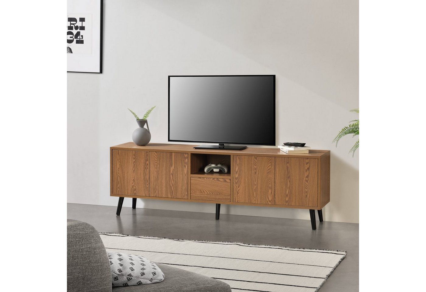 en.casa Lowboard, Hedemora TV Lowboard fünf Türen 140 x 30 x 45,5 cm Dunkler Holzton – Bild 2 von 5