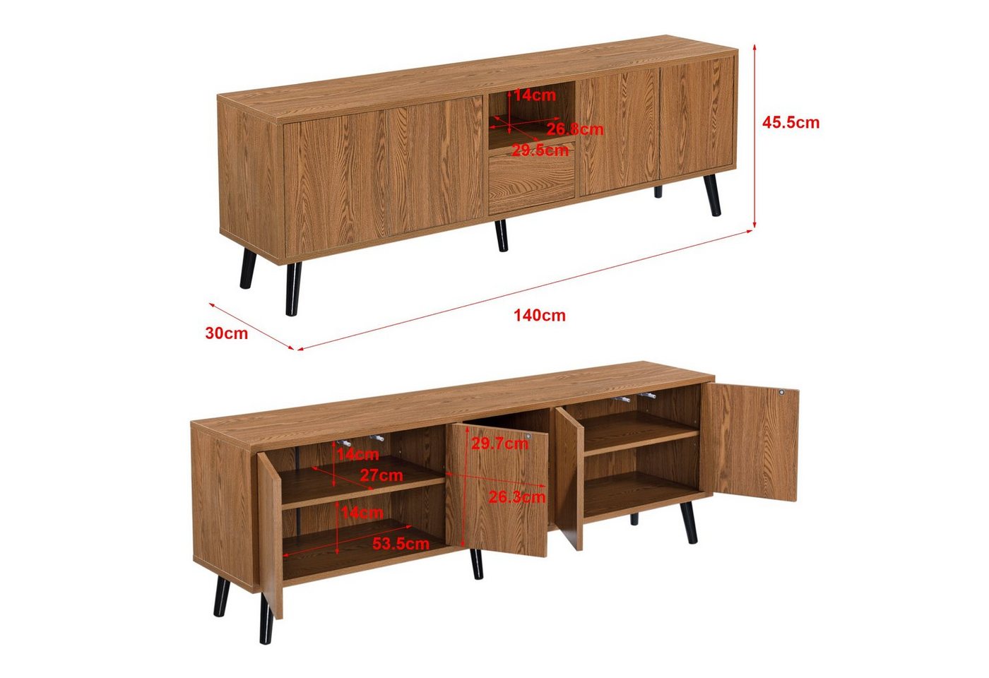 en.casa Lowboard, Hedemora TV Lowboard fünf Türen 140 x 30 x 45,5 cm Dunkler Holzton – Bild 4 von 5