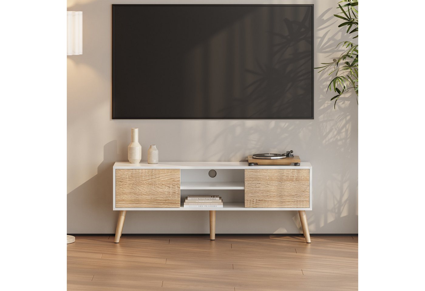 en.casa Lowboard, »Eskilstuna« Fernsehtisch 120x29,5x46,5cm Weiß / Eiche – Bild 2 von 5