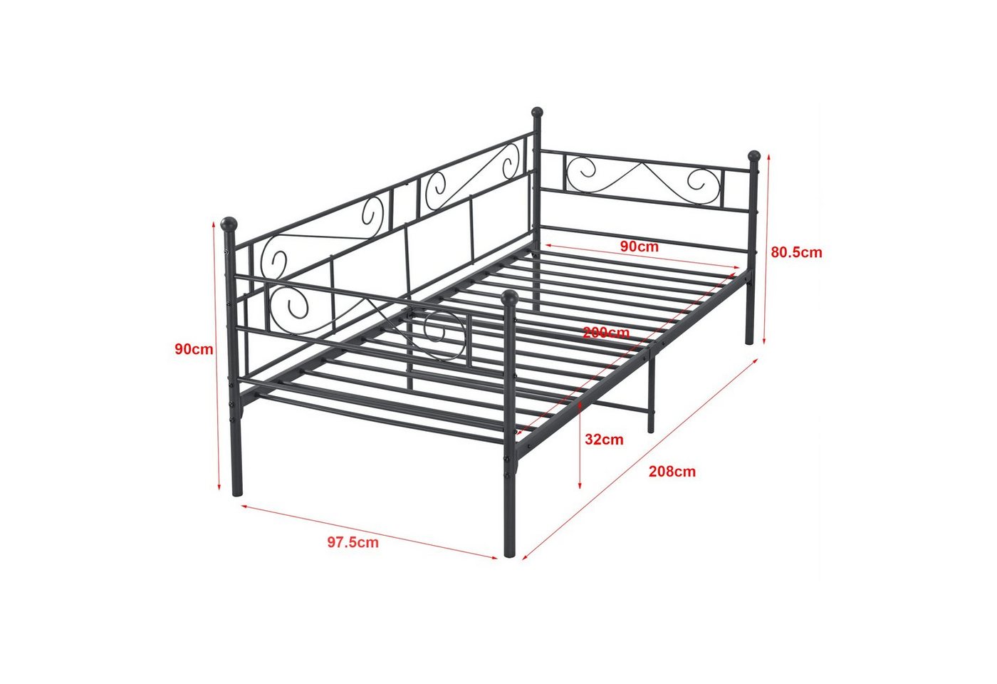 en.casa Metallbett, »Kerava« Bettsofa mit Lattenrost Tagesbett 90x200cm Stahl Schwarz – Bild 3 von 5