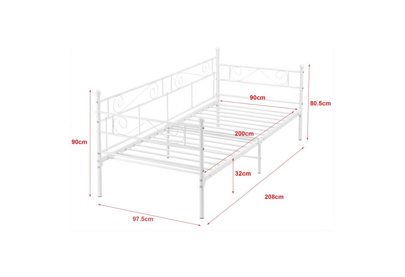en.casa Metallbett, »Kerava« mit Lattenrost 90x200cm Weiß – Bild 3 von 5