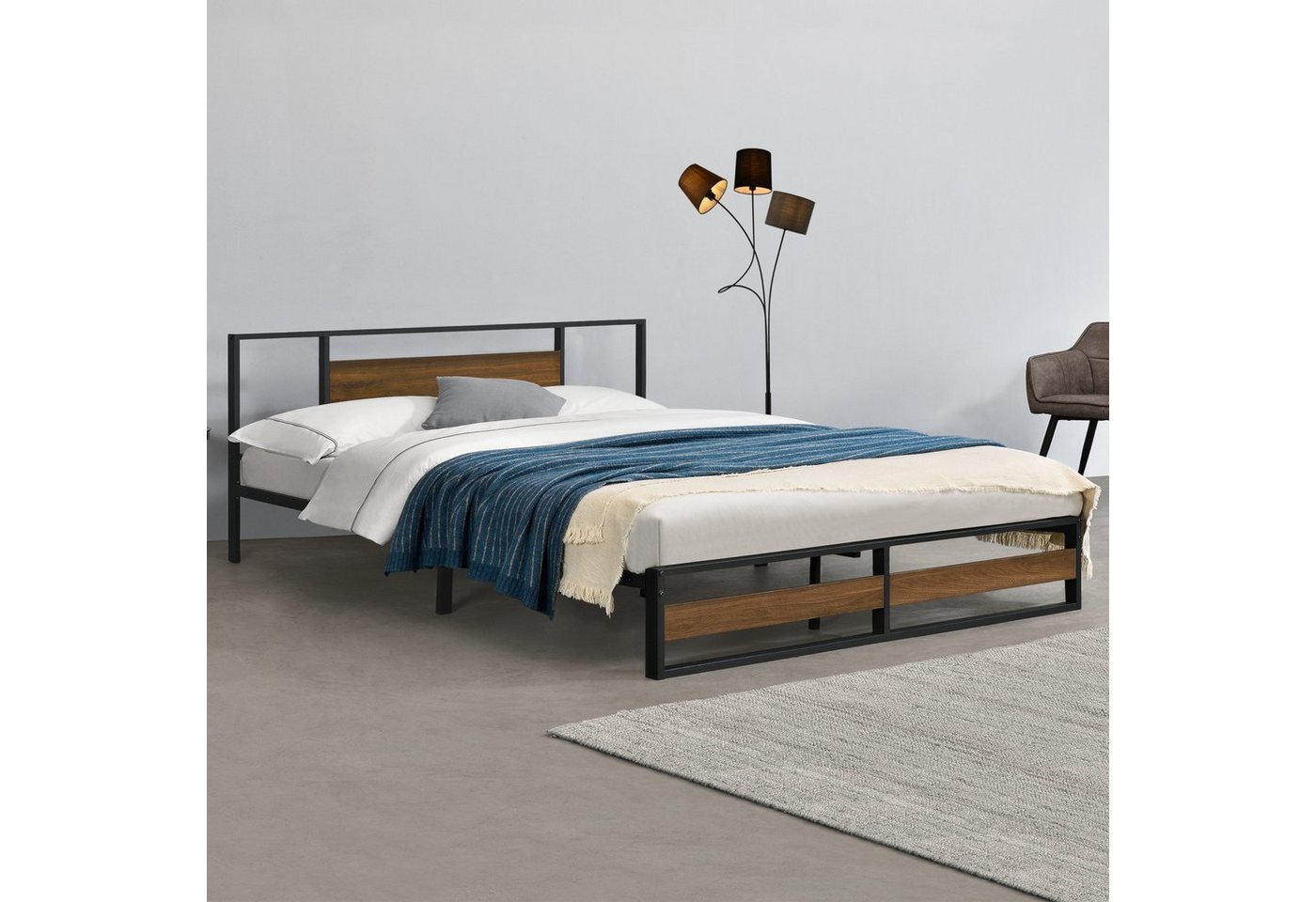 en.casa Metallbett, »Villach« Bettgestell 180x200 cm Stahlrahmen Schwarz Walnuss-Optik – Bild 2 von 5