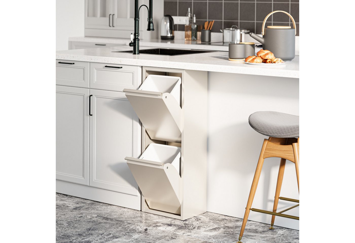en.casa Mülltrennsystem, »Sollentuna« mit 2 Kippfächern Metall 2 x 14 L Eimer Pfefferweiß – Bild 2 von 5