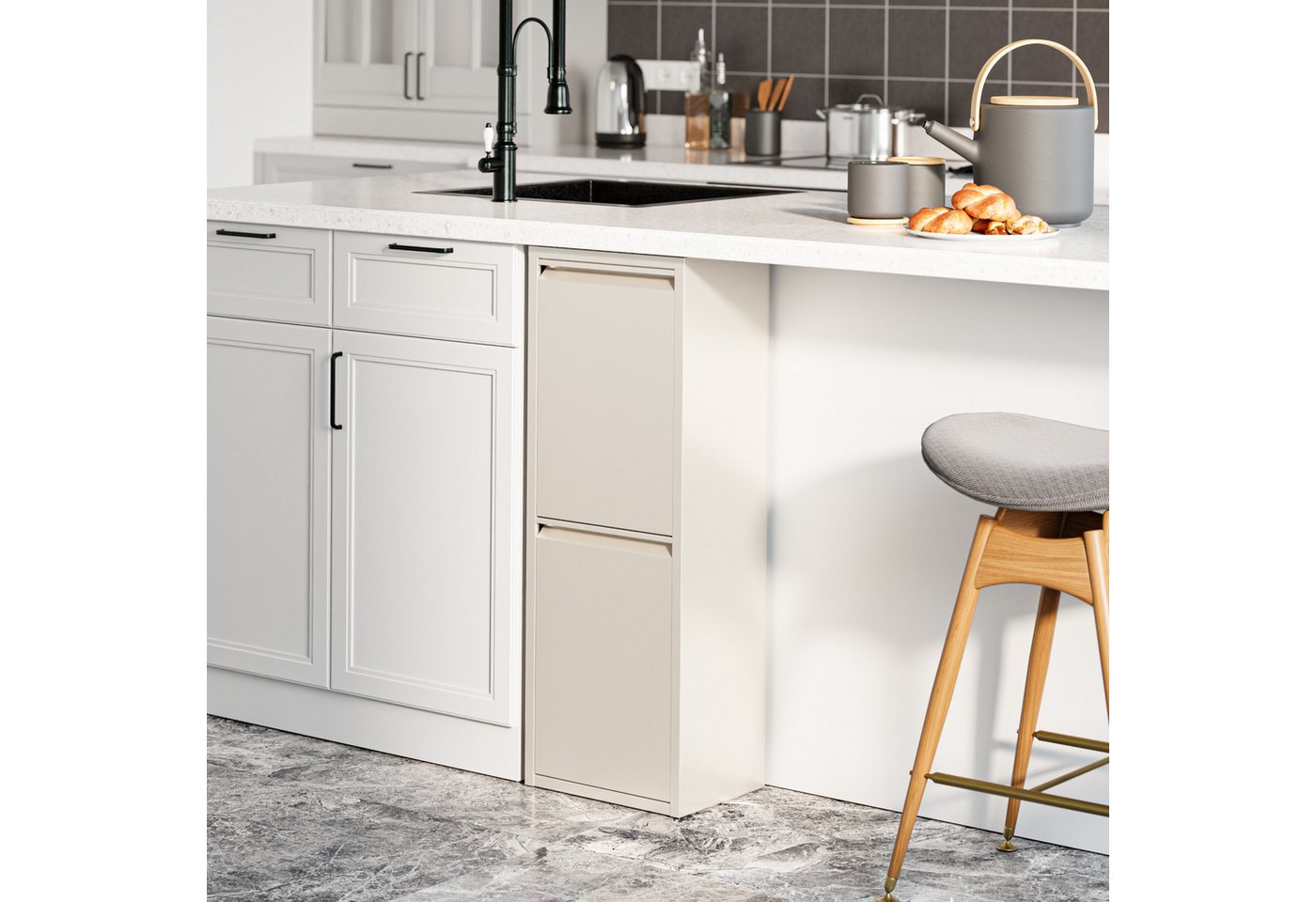 en.casa Mülltrennsystem, »Sollentuna« mit 2 Kippfächern Metall 2 x 14 L Eimer Pfefferweiß – Bild 3 von 5