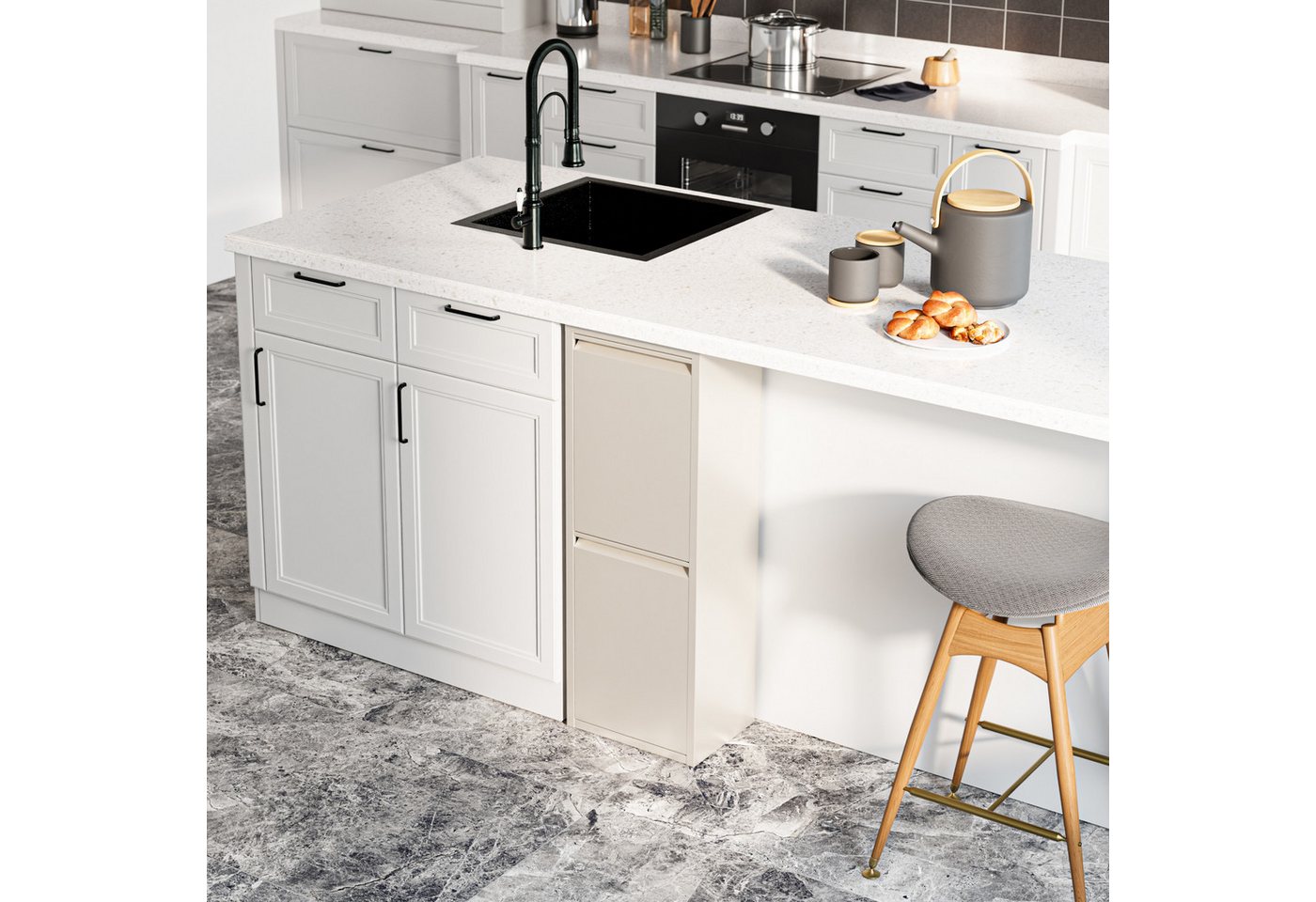 en.casa Mülltrennsystem, »Sollentuna« mit 2 Kippfächern Metall 2 x 14 L Eimer Pfefferweiß – Bild 4 von 5