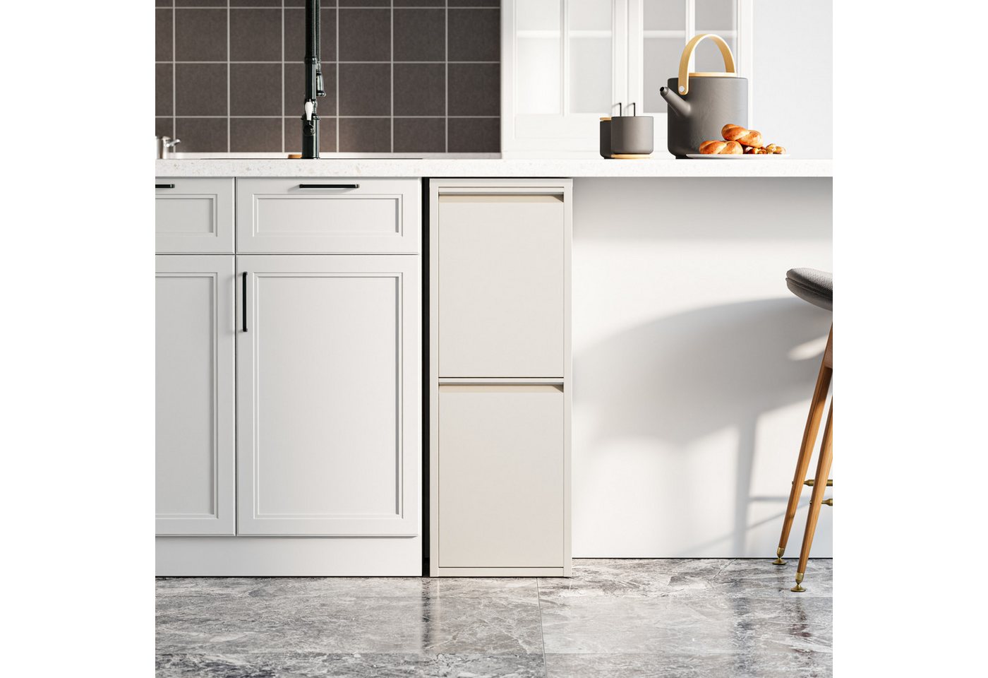 en.casa Mülltrennsystem, »Sollentuna« mit 2 Kippfächern Metall 2 x 14 L Eimer Pfefferweiß – Bild 5 von 5