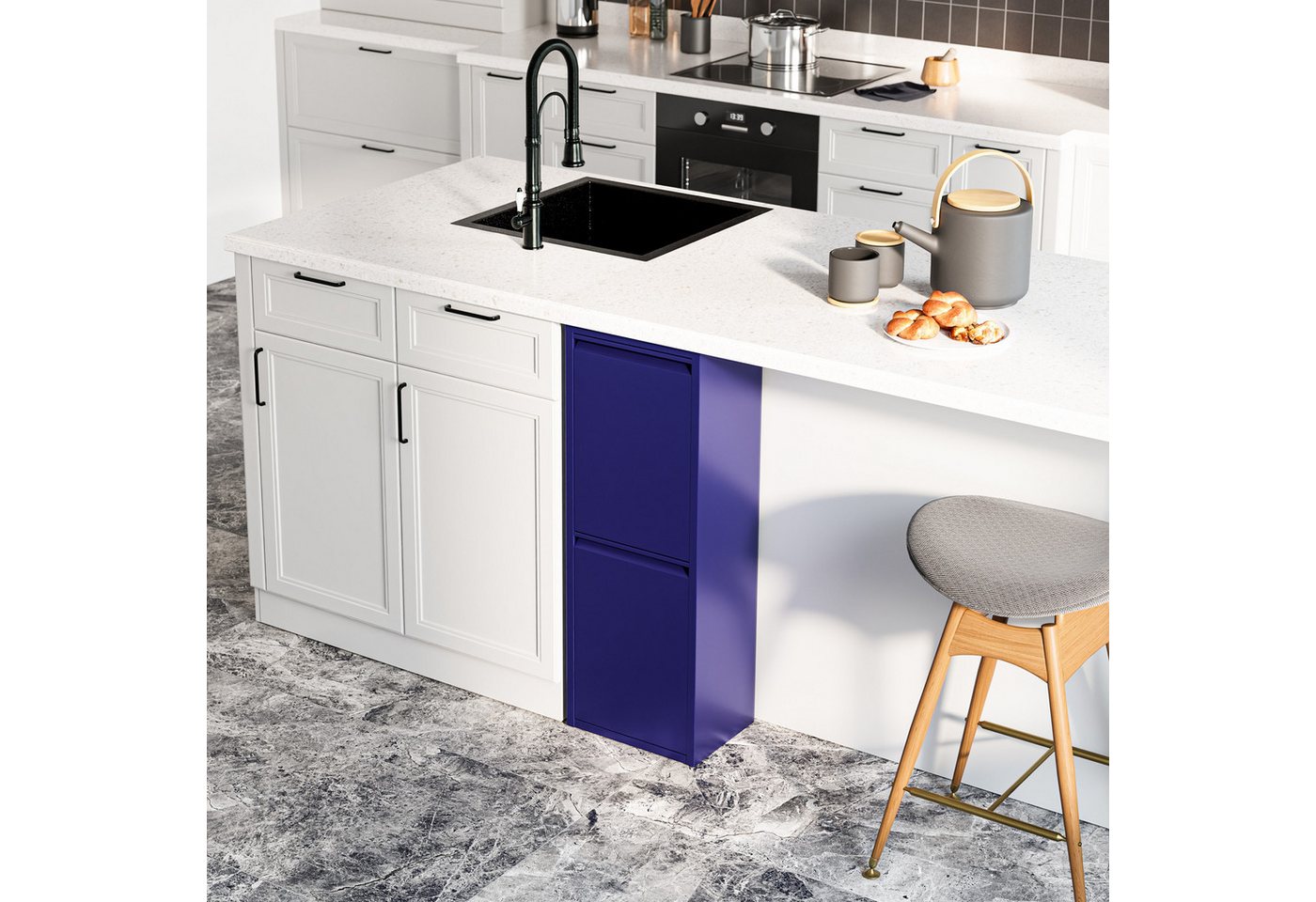 en.casa Mülltrennsystem, »Sollentuna« mit 2 Kippfächern Metall 2 x 14 L Eimer Nachtblau – Bild 4 von 5