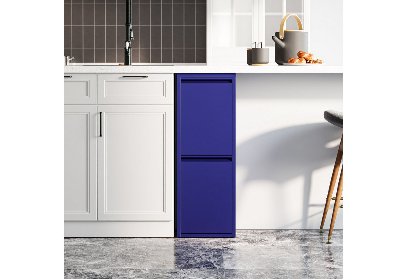 en.casa Mülltrennsystem, »Sollentuna« mit 2 Kippfächern Metall 2 x 14 L Eimer Nachtblau – Bild 5 von 5