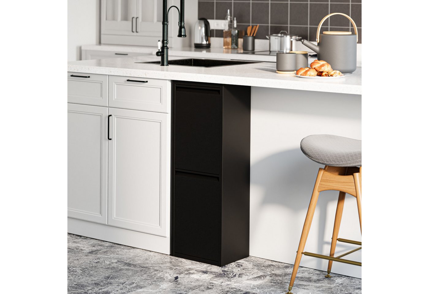 en.casa Mülltrennsystem, »Sollentuna« mit 2 Kippfächern Metall 2 x 14 L Eimer Schwarz – Bild 3 von 5