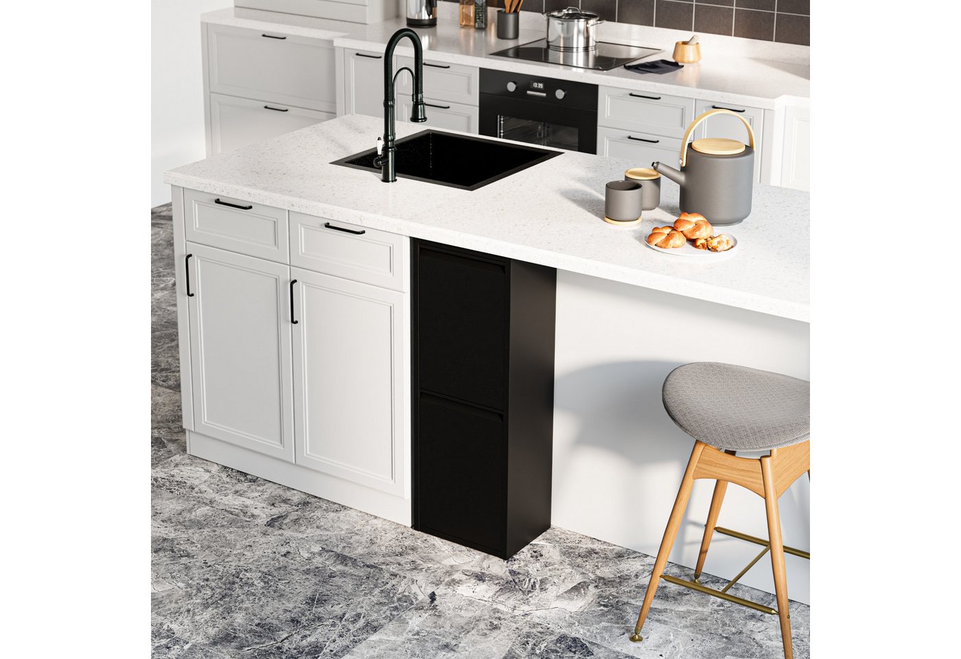 en.casa Mülltrennsystem, »Sollentuna« mit 2 Kippfächern Metall 2 x 14 L Eimer Schwarz – Bild 4 von 5