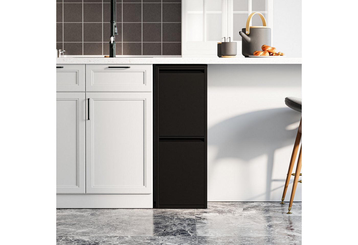 en.casa Mülltrennsystem, »Sollentuna« mit 2 Kippfächern Metall 2 x 14 L Eimer Schwarz – Bild 5 von 5