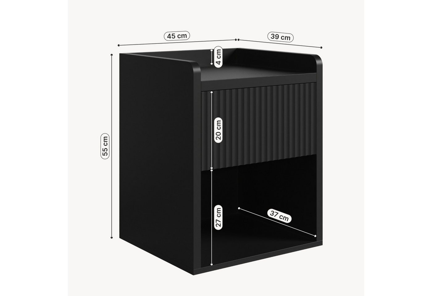 en.casa Nachttisch (1-St), »Nand« 1 Schublade 1 offenes Fach 55 x 45 x 39 cm Schwarz – Bild 3 von 5