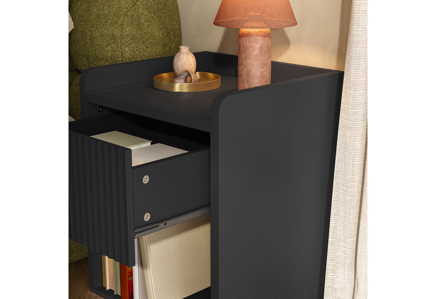 en.casa Nachttisch (1-St), »Nand« 1 Schublade 1 offenes Fach 55 x 45 x 39 cm Schwarz – Bild 5 von 5
