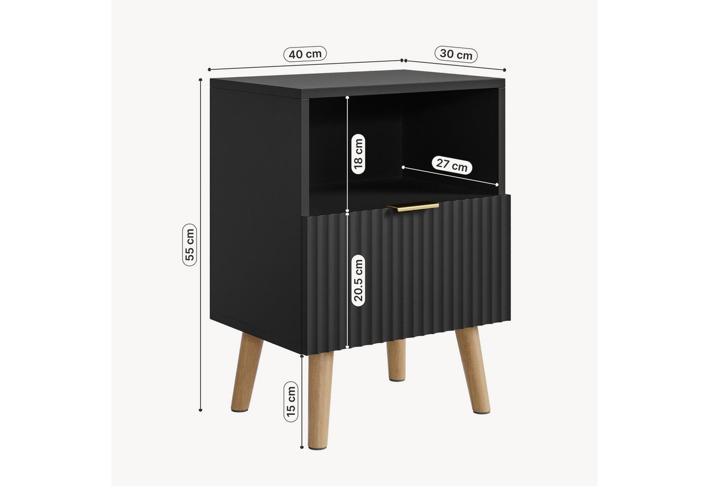 en.casa Nachttisch (1-St), »Nand« 1 Schublade 1 offenes Fach 55x40x30 cm Holzbeine Schwarz – Bild 3 von 5