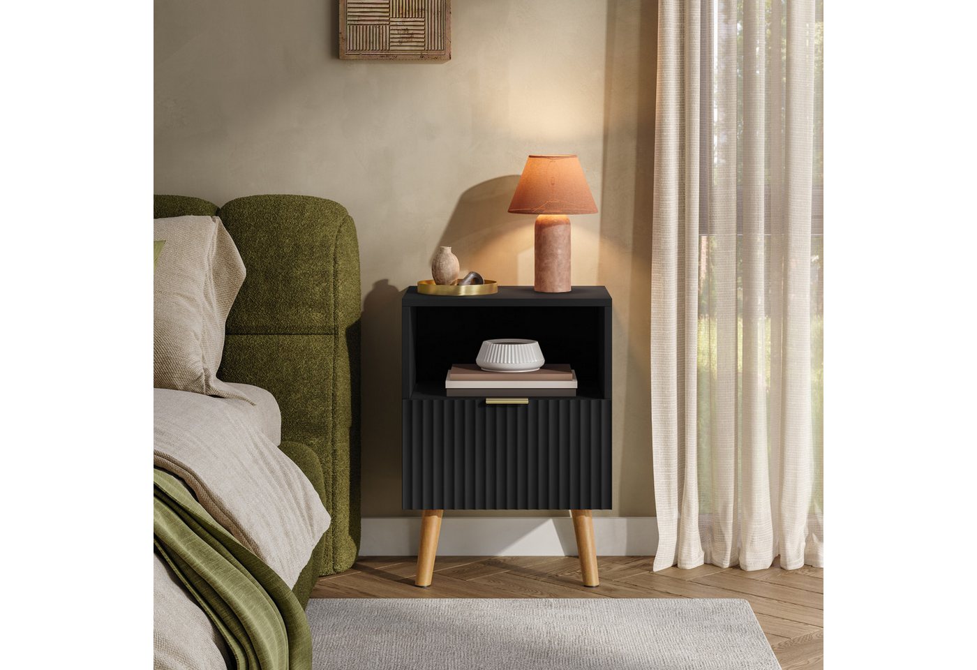 en.casa Nachttisch (1-St), »Nand« 1 Schublade 1 offenes Fach 55x40x30 cm Holzbeine Schwarz – Bild 4 von 5