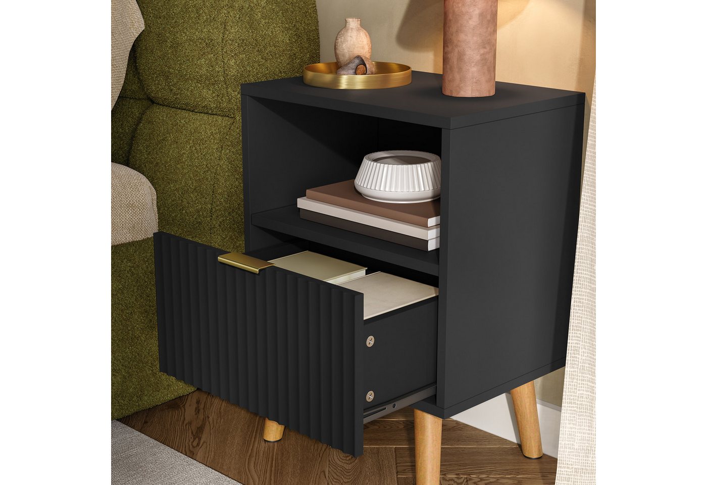en.casa Nachttisch (1-St), »Nand« 1 Schublade 1 offenes Fach 55x40x30 cm Holzbeine Schwarz – Bild 5 von 5