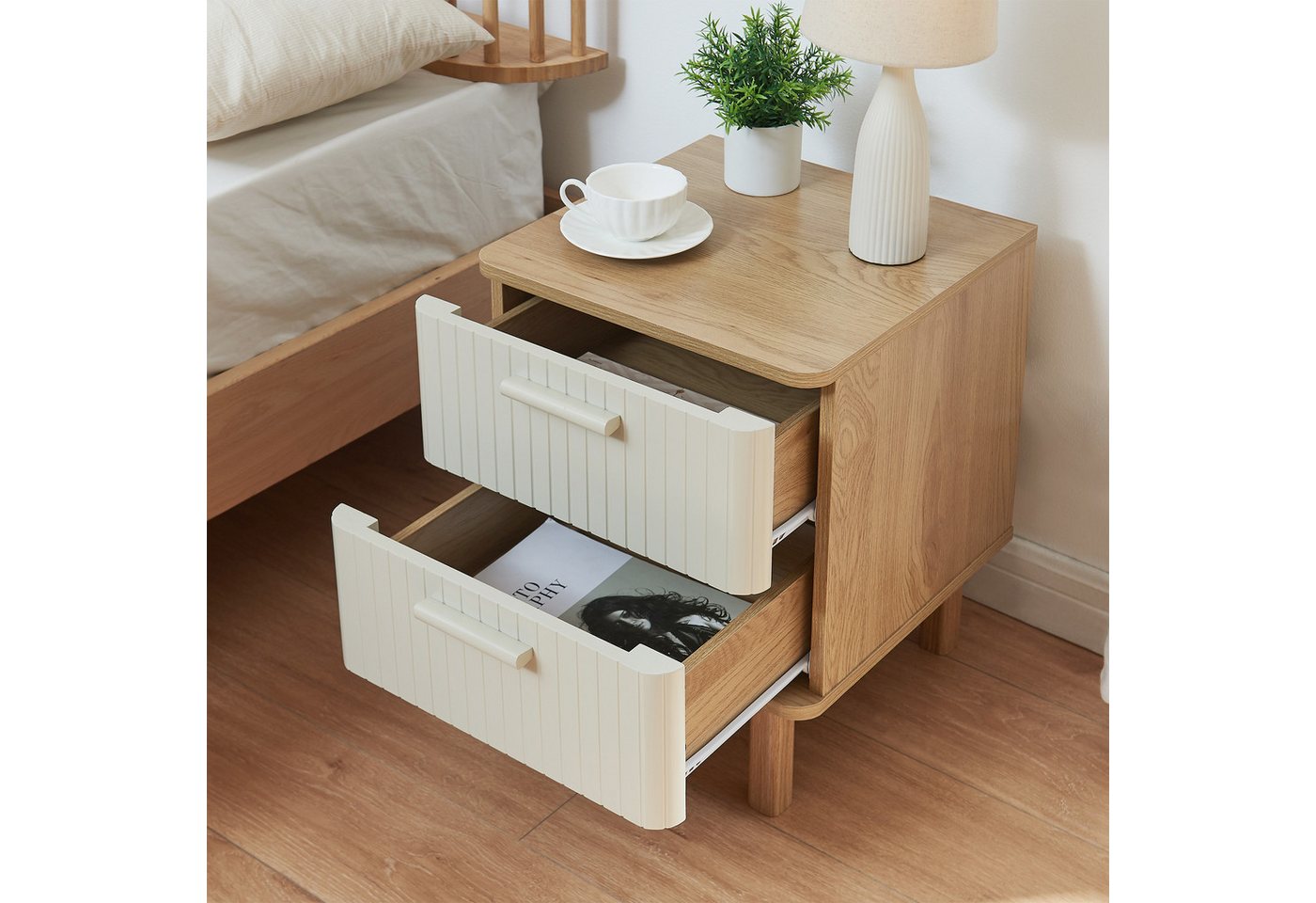 en.casa Nachttisch, »Ferrersp« mit 2 Schubladen 50x40x40 cm Eicheoptik/Sandfarben – Bild 3 von 5