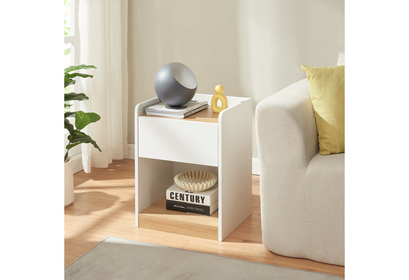 en.casa Nachttisch, »Kuorshare« 55x42x37 cm 1 Schublade 1 Ablagefach Weiß/Eicheoptik – Bild 2 von 5