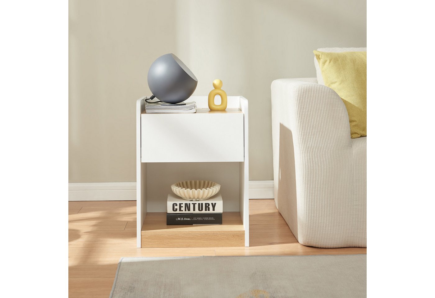 en.casa Nachttisch, »Kuorshare« 55x42x37 cm 1 Schublade 1 Ablagefach Weiß/Eicheoptik – Bild 3 von 5