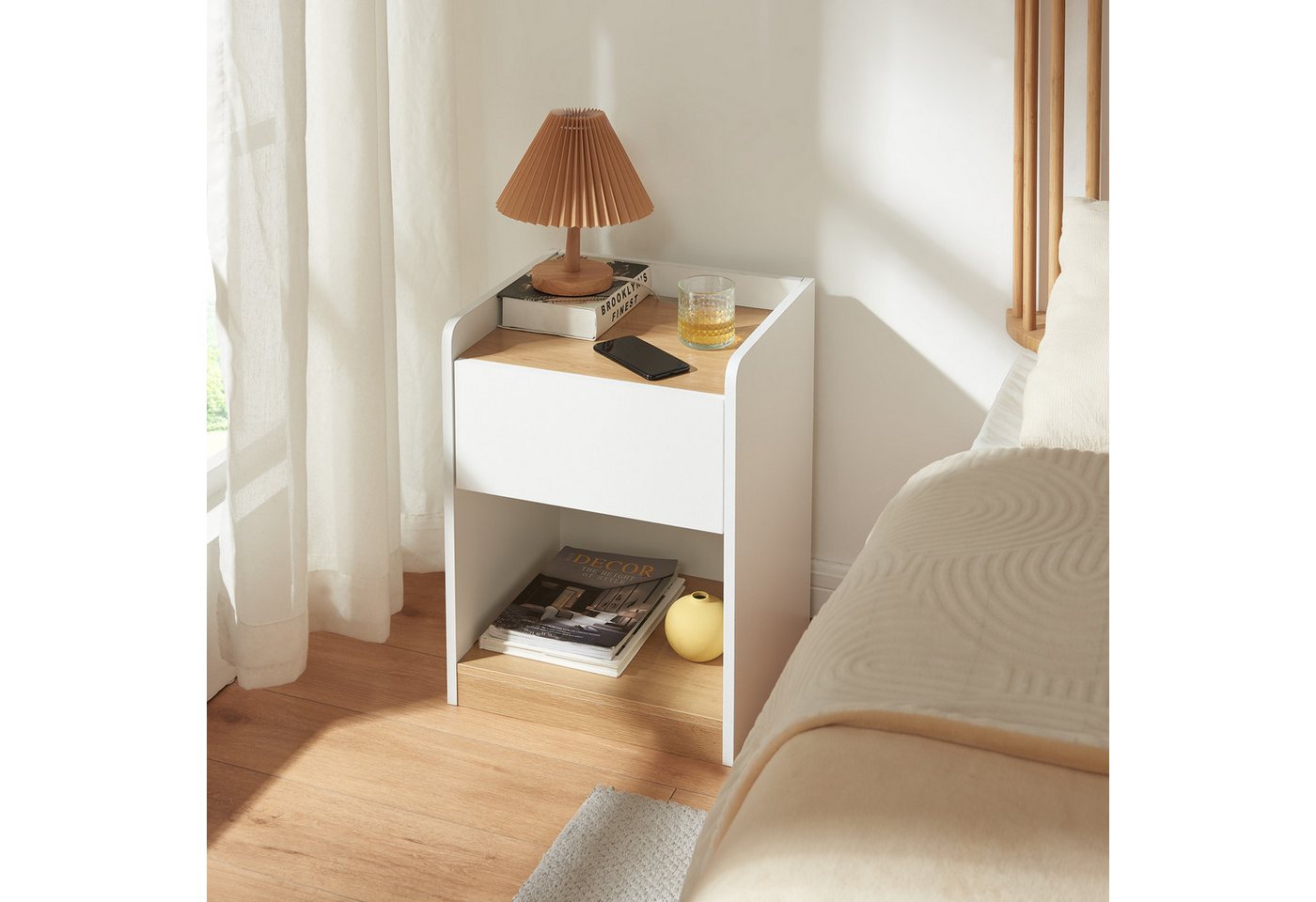 en.casa Nachttisch, »Kuorshare« 55x42x37 cm 1 Schublade 1 Ablagefach Weiß/Eicheoptik – Bild 4 von 5