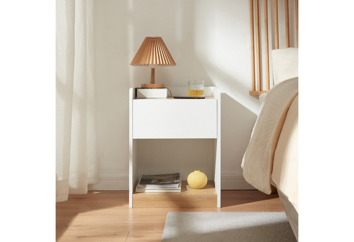 en.casa Nachttisch, »Kuorshare« 55x42x37 cm 1 Schublade 1 Ablagefach Weiß/Eicheoptik – Bild 5 von 5