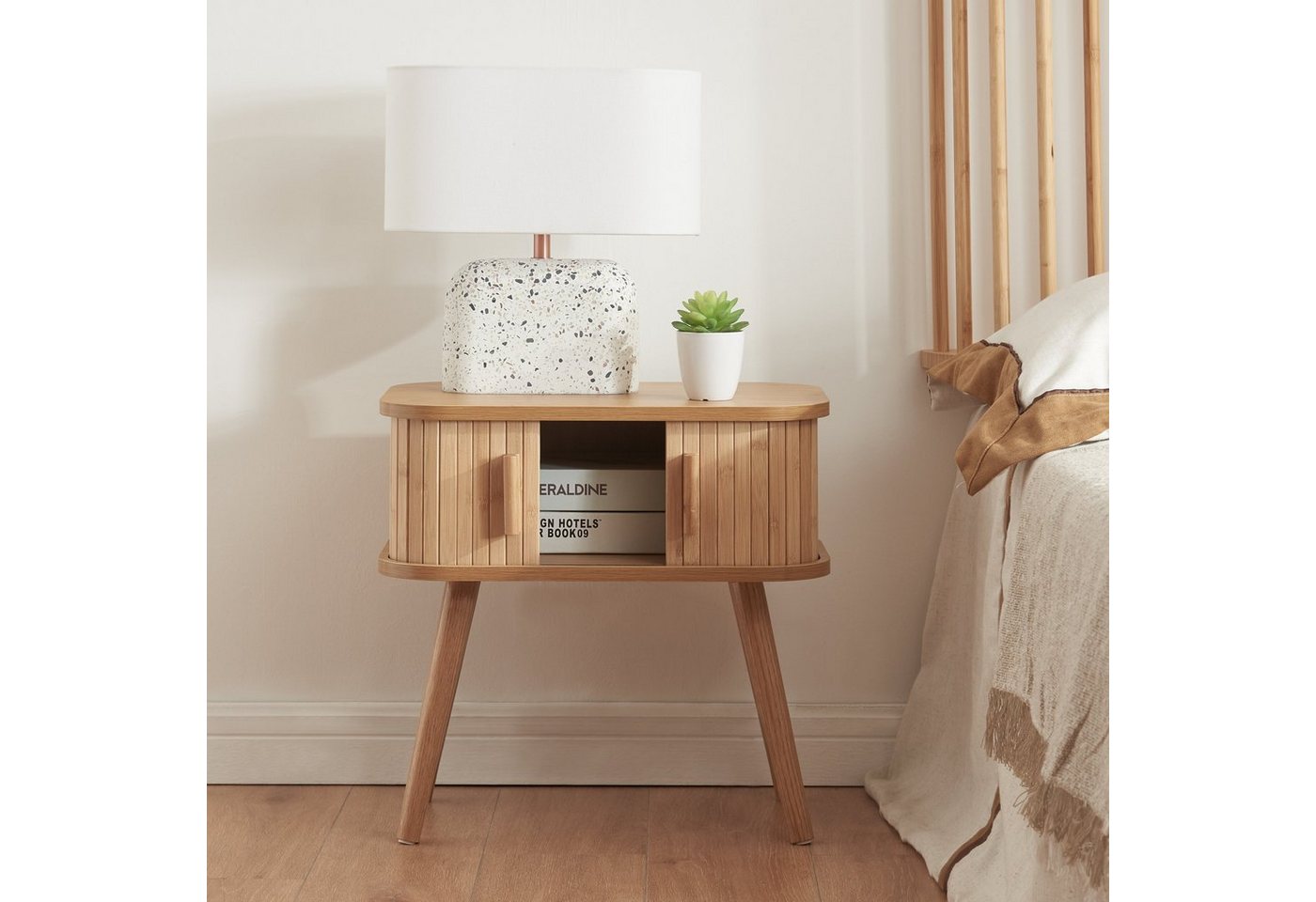 en.casa Nachttisch, »Nordkapp« mit 2 Türen 48 x 30 x 45 cm Holz Bambus – Bild 3 von 5