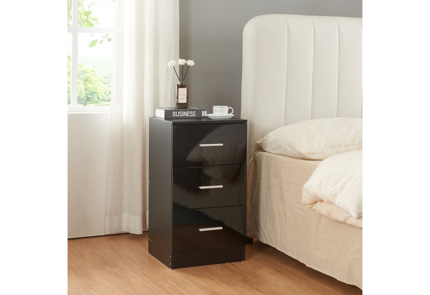 en.casa Nachttisch, »Aurdal« 66 x 37 x 34,5 cm Schwarz, hochglänzend – Bild 2 von 5