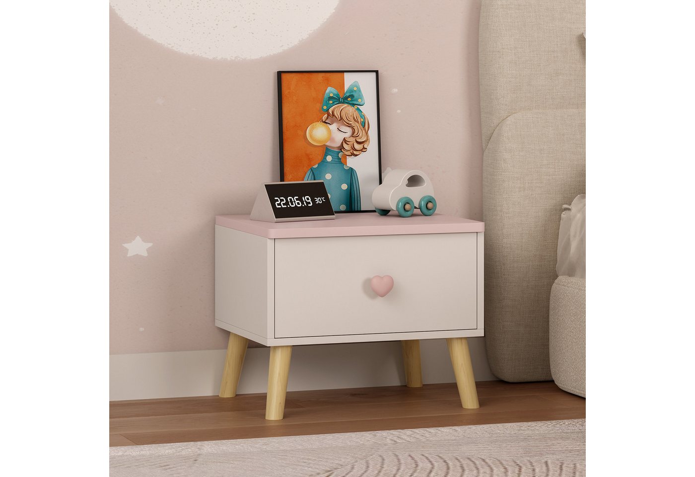 en.casa Nachttisch, »Sandnes« mit 1 Schublade 31 x 38 x 30 cm Holzbeine Weiß/Rosa – Bild 2 von 5
