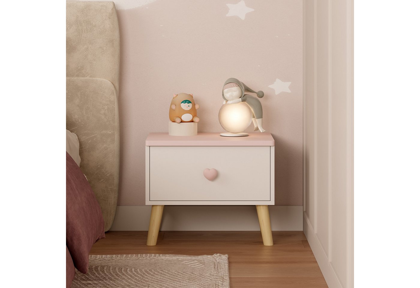 en.casa Nachttisch, »Sandnes« mit 1 Schublade 31 x 38 x 30 cm Holzbeine Weiß/Rosa – Bild 3 von 5