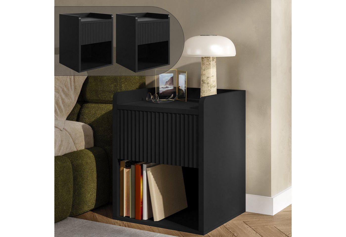 en.casa Nachttisch (Set, 2-St), »Nand« 1 Schublade 1 offenes Fach 55 x 45 x 39 cm Schwarz – Bild 2 von 5