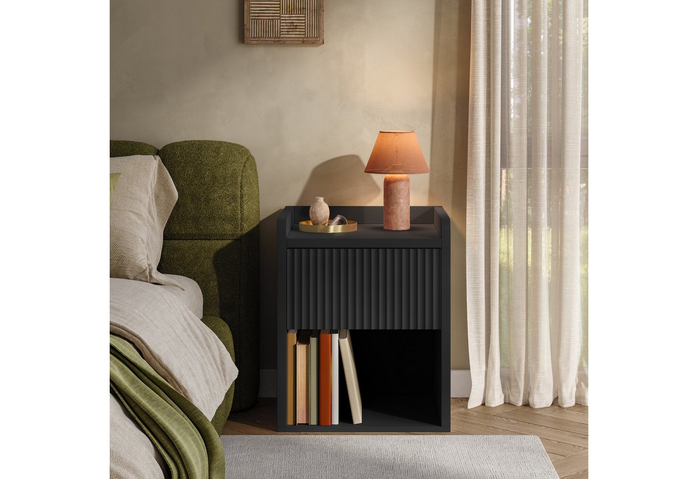 en.casa Nachttisch (Set, 2-St), »Nand« 1 Schublade 1 offenes Fach 55 x 45 x 39 cm Schwarz – Bild 5 von 5