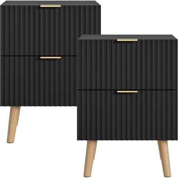 en.casa Nachttisch (Set, 2-St), »Nand« 2 Schubladen 55x40x30 cm Holzbeine Schwarz