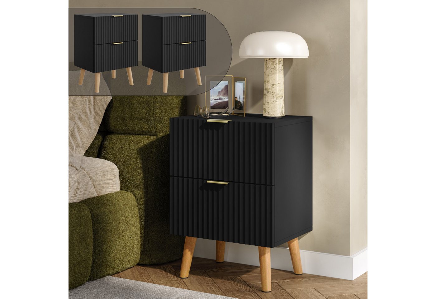 en.casa Nachttisch (Set, 2-St), »Nand« 2 Schubladen 55x40x30 cm Holzbeine Schwarz – Bild 2 von 5