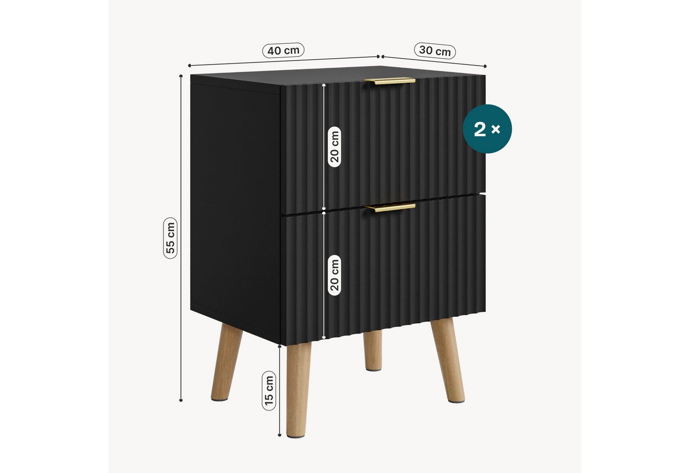 en.casa Nachttisch (Set, 2-St), »Nand« 2 Schubladen 55x40x30 cm Holzbeine Schwarz – Bild 3 von 5