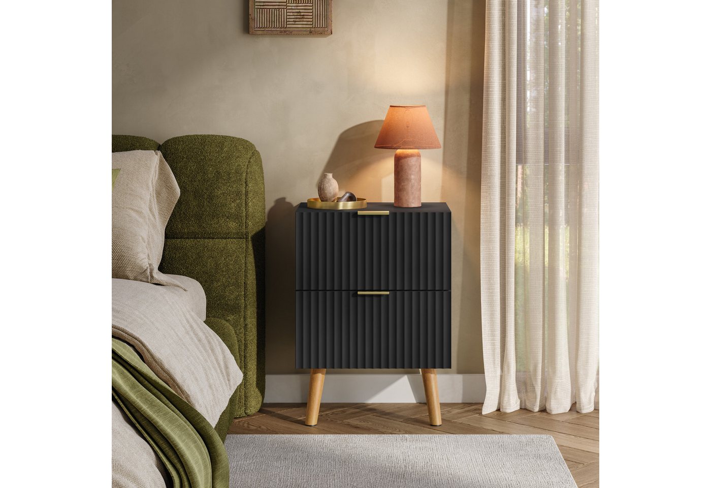 en.casa Nachttisch (Set, 2-St), »Nand« 2 Schubladen 55x40x30 cm Holzbeine Schwarz – Bild 5 von 5