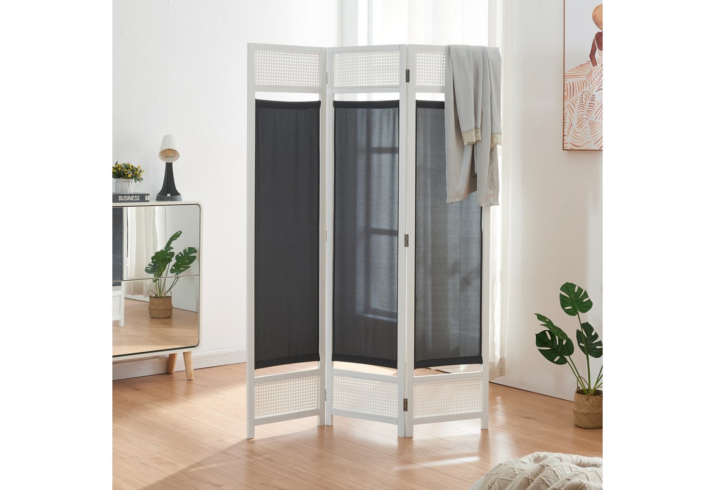 en.casa Paravent, Paravent »Dorotea« 3-teilig 120x170 cm Weiß/Dunkelgrau – Bild 2 von 5
