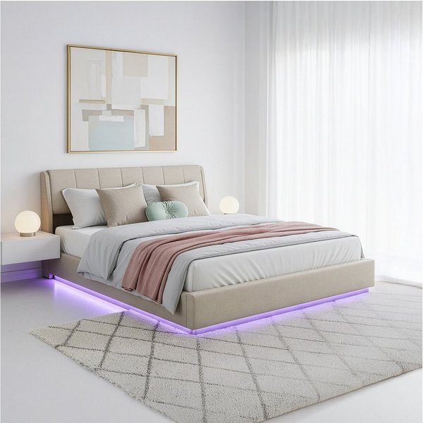 en.casa Polsterbett, »Tröstiar« mit LED-Beleuchtung Leinen 180 x 200 cm Beige