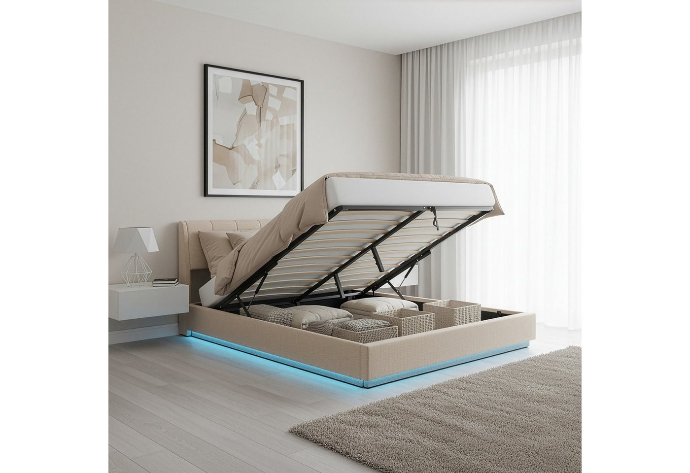 en.casa Polsterbett, »Tröstiar« mit LED-Beleuchtung Leinen 180 x 200 cm Beige – Bild 4 von 5
