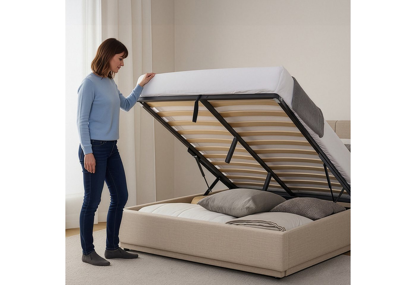 en.casa Polsterbett, »Tröstiar« mit LED-Beleuchtung Leinen 180 x 200 cm Beige – Bild 5 von 5