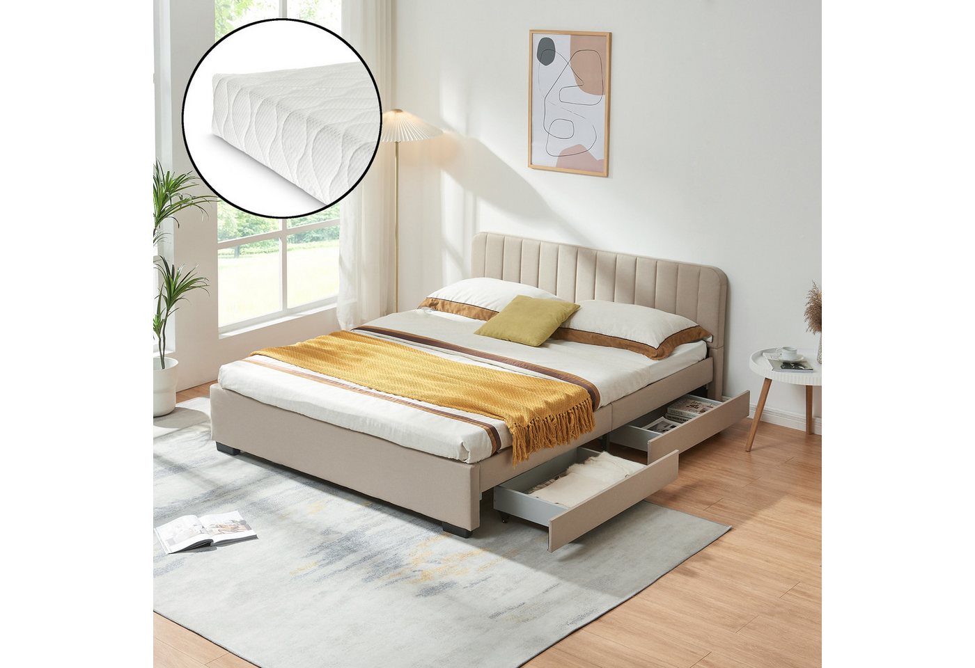 en.casa Polsterbett, »Nofrenna« mit Matratze 140 x 200 cm Leinen Beige – Bild 2 von 5